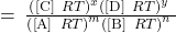 =\phantom{\rule{0.2em}{0ex}}\frac{{\left(\left[\text{C]}\phantom{\rule{0.2em}{0ex}}×\phantom{\rule{0.2em}{0ex}}RT\right)}^{x}\left(\left[\text{D]}\phantom{\rule{0.2em}{0ex}}×\phantom{\rule{0.2em}{0ex}}RT{\right)}^{y}}{\left(\left[\text{A]}\phantom{\rule{0.2em}{0ex}}×\phantom{\rule{0.2em}{0ex}}RT{\right)}^{m}{\left(\left[\text{B]}\phantom{\rule{0.2em}{0ex}}×\phantom{\rule{0.2em}{0ex}}RT\right)}^{n}}