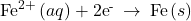 {\text{Fe}}^{2+}\left(aq\right)+{\text{2e}}^{\text{-}}\phantom{\rule{0.2em}{0ex}}\rightarrow\phantom{\rule{0.2em}{0ex}}\text{Fe}\left(s\right)