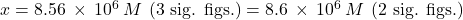 x=8.56\phantom{\rule{0.2em}{0ex}}\times\phantom{\rule{0.2em}{0ex}}{10}^{\text{−6}}\phantom{\rule{0.2em}{0ex}}M\phantom{\rule{0.2em}{0ex}}\left(\text{3 sig. figs.}\right)=8.6\phantom{\rule{0.2em}{0ex}}\times\phantom{\rule{0.2em}{0ex}}{10}^{\text{−6}}\phantom{\rule{0.2em}{0ex}}M\phantom{\rule{0.2em}{0ex}}\left(\text{2 sig. figs.}\right)