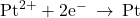 {\text{Pt}}^{2+}\text{}+{\text{2e}}^{-}\phantom{\rule{0.2em}{0ex}}\rightarrow\phantom{\rule{0.2em}{0ex}}\text{Pt}