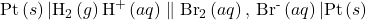 \text{Pt}\left(s\right)|{\text{H}}_{2}\left(g\right)│{\text{H}}^{\text{+}}\left(aq\right)\parallel{\text{Br}}_{2}\left(aq\right),\phantom{\rule{0.2em}{0ex}}{\text{Br}}^{\text{-}}\left(aq\right)|\text{Pt}\left(s\right)