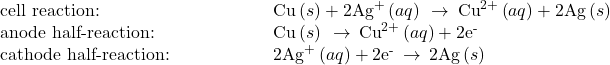 \begin{array}{cc}\text{cell reaction:}\hfill & \phantom{\rule{5em}{0ex}}\text{Cu}\left(s\right)+2{\text{Ag}}^{\text{+}}\left(aq\right)\phantom{\rule{0.2em}{0ex}}\rightarrow\phantom{\rule{0.2em}{0ex}}{\text{Cu}}^{2+}\left(aq\right)+2\text{Ag}\left(s\right)\hfill \\ \text{anode half-reaction:}\hfill & \phantom{\rule{5em}{0ex}}\text{Cu}\left(s\right)\phantom{\rule{0.2em}{0ex}}\rightarrow\phantom{\rule{0.2em}{0ex}}{\text{Cu}}^{2+}\left(aq\right)+2{\text{e}}^{\text{-}}\hfill \\ \text{cathode half-reaction:}\hfill & \phantom{\rule{5em}{0ex}}2{\text{Ag}}^{\text{+}}\left(aq\right)+2{\text{e}}^{\text{-}}\phantom{\rule{0.2em}{0ex}}\rightarrow\phantom{\rule{0.2em}{0ex}}2\text{Ag}\left(s\right)\hfill \end{array}