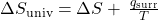 \Delta {S}_{\text{univ}}=\Delta S+\phantom{\rule{0.2em}{0ex}}\frac{{q}_{\text{surr}}}{T}