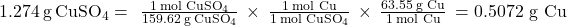 Rendered by QuickLaTeX.com 1.274\phantom{\rule{0.2em}{0ex}}{\text{g}\phantom{\rule{0.2em}{0ex}}{\text{CuSO}}_{4}} = \phantom{\rule{0.2em}{0ex}}×\phantom{\rule{0.2em}{0ex}}\frac{1\phantom{\rule{0.2em}{0ex}}{\text{mol}\phantom{\rule{0.2em}{0ex}}{\text{CuSO}}_{4}}}{159.62\phantom{\rule{0.2em}{0ex}}{\text{g}\phantom{\rule{0.2em}{0ex}}{\text{CuSO}}_{4}}}\phantom{\rule{0.2em}{0ex}}\times\phantom{\rule{0.2em}{0ex}}\frac{1\phantom{\rule{0.2em}{0ex}}{\text{mol Cu}}}{1\phantom{\rule{0.2em}{0ex}}{\text{mol}\phantom{\rule{0.2em}{0ex}}{\text{CuSO}}_{4}}}\phantom{\rule{0.2em}{0ex}}\times\phantom{\rule{0.2em}{0ex}}\frac{63.55\phantom{\rule{0.2em}{0ex}}\text{g Cu}}{1\phantom{\rule{0.2em}{0ex}}{\text{mol Cu}}}\phantom{\rule{0.2em}{0ex}}=\text{0.5072 g Cu}