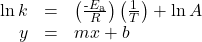 \begin{array}{ccc}\hfill \text{ln}\phantom{\rule{0.2em}{0ex}}k& =& \left(\frac{\text{-}{E}_{\text{a}}}{R}\right)\left(\frac{1}{T}\right)+\text{ln}\phantom{\rule{0.2em}{0ex}}A\hfill \\ \hfill y& =& mx+b\hfill \end{array}