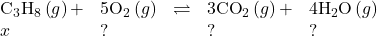 \begin{array}{lllll}{\text{C}}_{3}{\text{H}}_{8}\left(g\right)+\hfill & 5{\text{O}}_{2}\left(g\right)\hfill & \rightleftharpoons\hfill & 3{\text{CO}}_{2}\left(g\right)+\hfill & 4{\text{H}}_{2}\text{O}\left(g\right)\hfill \\ x\hfill & ?\hfill & & ?\hfill & ?\hfill \end{array}