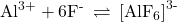 {\text{Al}}^{\text{3+}}+6{\text{F}}^{\text{-}}\phantom{\rule{0.2em}{0ex}}\rightleftharpoons\phantom{\rule{0.2em}{0ex}}{\left[{\text{AlF}}_{6}\right]}^{\text{3-}}
