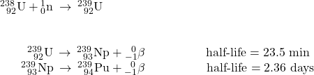 \begin{array}{l}{}_{\phantom{\rule{0.5em}{0ex}}92}^{238}\text{U}+{}_{0}^{1}\text{n}\phantom{\rule{0.2em}{0ex}}\rightarrow\phantom{\rule{0.2em}{0ex}}{}_{\phantom{\rule{0.5em}{0ex}}92}^{239}\text{U}\\ \\ \\ \phantom{\rule{2.2em}{0ex}}{}_{\phantom{\rule{0.5em}{0ex}}92}^{239}\text{U}\phantom{\rule{0.2em}{0ex}}\rightarrow\phantom{\rule{0.2em}{0ex}}{}_{\phantom{\rule{0.5em}{0ex}}93}^{239}\text{Np}+{}_{-1}^{\phantom{\rule{0.5em}{0ex}}0}\text{$\beta$}\phantom{\rule{4.9em}{0ex}}\text{half-life}=\text{23.5 min}\\ \phantom{\rule{1.7em}{0ex}}{}_{\phantom{\rule{0.5em}{0ex}}93}^{239}\text{Np}\phantom{\rule{0.2em}{0ex}}\rightarrow\phantom{\rule{0.2em}{0ex}}{}_{\phantom{\rule{0.5em}{0ex}}94}^{239}\text{Pu}+{}_{-1}^{\phantom{\rule{0.5em}{0ex}}0}\text{$\beta$}\phantom{\rule{5em}{0ex}}\text{half-life}=\text{2.36 days}\end{array}