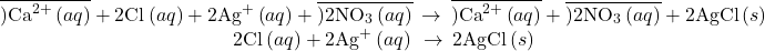 \begin{array}{c}\overline{){\text{Ca}}^{2+}\left(aq\right)}+2{\text{Cl}}^{\text{−}}\left(aq\right)+2{\text{Ag}}^{+}\left(aq\right)+\overline{)2{\text{NO}}_{3}{}^{\text{−}}\left(aq\right)}\phantom{\rule{0.2em}{0ex}}\rightarrow\phantom{\rule{0.2em}{0ex}}\overline{){\text{Ca}}^{2+}\left(aq\right)}+\overline{)2{\text{NO}}_{3}{}^{\text{−}}\left(aq\right)}+2\text{AgCl}\left(s\right)\\ 2{\text{Cl}}^{\text{−}}\left(aq\right)+2{\text{Ag}}^{\text{+}}\left(aq\right)\phantom{\rule{0.2em}{0ex}}\rightarrow\phantom{\rule{0.2em}{0ex}}2\text{AgCl}\left(s\right)\end{array}