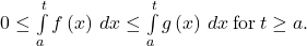 Rendered by QuickLaTeX.com \ds 0\le \int\limits_{a}^{t}f\left(x\right)\,dx \le \int\limits_{a}^{t}g\left(x\right)\,dx \phantom{\rule{0.2em}{0ex}}\text{for}\phantom{\rule{0.2em}{0ex}}t\ge a.