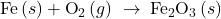 \text{Fe}\left(s\right)+{\text{O}}_{2}\left(g\right)\phantom{\rule{0.2em}{0ex}}\rightarrow\phantom{\rule{0.2em}{0ex}}{\text{Fe}}_{2}{\text{O}}_{3}\left(s\right)