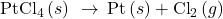 {\text{PtCl}}_{4}\left(s\right)\phantom{\rule{0.2em}{0ex}}\rightarrow\phantom{\rule{0.2em}{0ex}}\text{Pt}\left(s\right)+{\text{Cl}}_{2}\left(g\right)