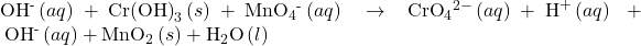 {\text{OH}}^{\text{-}}\left(\mathbit{aq}\right)+{\text{Cr(OH)}}_{3}\left(s\right)+{\text{MnO}}_{4}{}^{\text{-}}\left(aq\right)\phantom{\rule{0.2em}{0ex}}\rightarrow\phantom{\rule{0.2em}{0ex}}{\text{CrO}}_{4}{}^{2-}\left(aq\right)+{\text{H}}^{\text{+}}\left(aq\right)\phantom{\rule{0.2em}{0ex}}+\phantom{\rule{0.2em}{0ex}}{\text{OH}}^{\text{-}}\left(\mathbit{aq}\right)+{\text{MnO}}_{2}\left(s\right)+{\text{H}}_{\text{2}}\text{O}\left(l\right)