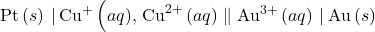 \text{Pt}\left(s\right)\phantom{\rule{0.2em}{0ex}}|\phantom{\rule{0.2em}{0ex}}{\text{Cu}}^{\text{+}}\left(aq{\text{), Cu}}^{2+}\left(aq\right)\parallel {\text{Au}}^{\text{3+}}\left(aq\right)\phantom{\rule{0.2em}{0ex}}|\phantom{\rule{0.2em}{0ex}}\text{Au}\left(s\right)