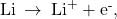 \text{Li}\phantom{\rule{0.2em}{0ex}}\rightarrow\phantom{\rule{0.2em}{0ex}}{\text{Li}}^{\text{+}}+{\text{e}}^{\text{-}},