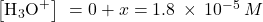 \left[{\text{H}}_{3}{\text{O}}^{\text{+}}\right]\phantom{\rule{0.2em}{0ex}}=0+x=1.8\phantom{\rule{0.2em}{0ex}}\times\phantom{\rule{0.2em}{0ex}}{10}^{-5}\phantom{\rule{0.2em}{0ex}}M