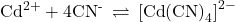 {\text{Cd}}^{\text{2+}}+4{\text{CN}}^{\text{-}}\phantom{\rule{0.2em}{0ex}}\rightleftharpoons\phantom{\rule{0.2em}{0ex}}{\left[\text{Cd}{\left(\text{CN}\right)}_{4}\right]}^{2-}