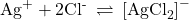 {\text{Ag}}^{\text{+}}+2{\text{Cl}}^{\text{-}}\phantom{\rule{0.2em}{0ex}}\rightleftharpoons\phantom{\rule{0.2em}{0ex}}{\left[{\text{AgCl}}_{2}\right]}^{-}