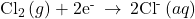 {\text{Cl}}_{2}\left(g\right)+{\text{2e}}^{\text{-}}\phantom{\rule{0.2em}{0ex}}\rightarrow\phantom{\rule{0.2em}{0ex}}{\text{2Cl}}^{\text{-}}\left(aq\right)