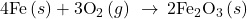 \text{4Fe}\left(s\right)+{\text{3O}}_{2}\left(g\right)\phantom{\rule{0.2em}{0ex}}\rightarrow\phantom{\rule{0.2em}{0ex}}{\text{2Fe}}_{2}{\text{O}}_{3}\left(s\right)