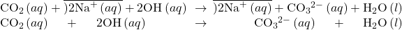 \begin{array}{}\\ {\text{CO}}_{2}\left(aq\right)+\overline{)2{\text{Na}}^{\text{+}}\left(aq\right)}+2{\text{OH}}^{\text{−}}\left(aq\right)\phantom{\rule{0.2em}{0ex}}\rightarrow\phantom{\rule{0.2em}{0ex}}\overline{)2{\text{Na}}^{\text{+}}\left(aq\right)}+{\text{CO}}_{3}{}^{2-}\left(aq\right)+{\text{H}}_{2}\text{O}\left(l\right)\\ {\text{CO}}_{2}\left(aq\right)+2{\text{OH}}^{\text{−}}\left(aq\right)\phantom{\rule{0.2em}{0ex}}\rightarrow\phantom{\rule{0.2em}{0ex}}{\text{CO}}_{3}{}^{2-}\left(aq\right)+{\text{H}}_{2}\text{O}\left(l\right)\end{array}