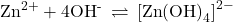 {\text{Zn}}^{\text{2+}}+4{\text{OH}}^{\text{-}}\phantom{\rule{0.2em}{0ex}}\rightleftharpoons\phantom{\rule{0.2em}{0ex}}{\left[\text{Zn}{\left(\text{OH}\right)}_{4}\right]}^{2-}