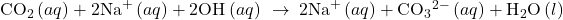 {\text{CO}}_{2}\left(aq\right)+2{\text{Na}}^{\text{+}}\left(aq\right)+2{\text{OH}}^{\text{−}}\left(aq\right)\phantom{\rule{0.2em}{0ex}}\rightarrow\phantom{\rule{0.2em}{0ex}}2{\text{Na}}^{\text{+}}\left(aq\right)+{\text{CO}}_{3}{}^{2-}\left(aq\right)+{\text{H}}_{2}\text{O}\left(l\right)
