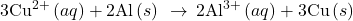 3{\text{Cu}}^{2+}\left(aq\right)+\text{2Al}\left(s\right)\phantom{\rule{0.2em}{0ex}}\rightarrow\phantom{\rule{0.2em}{0ex}}{\text{2Al}}^{3+}\left(aq\right)+\text{3Cu}\left(s\right)