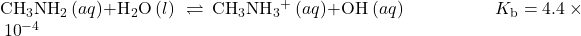 {\text{CH}}_{3}{\text{NH}}_{2}\left(aq\right)+{\text{H}}_{2}\text{O}\left(l\right)\phantom{\rule{0.2em}{0ex}}\rightleftharpoons\phantom{\rule{0.2em}{0ex}}{\text{CH}}_{3}{\text{NH}}_{3}{}^{\text{+}}\left(aq\right)+{\text{OH}}^{\text{−}}\left(aq\right)\phantom{\rule{5em}{0ex}}{K}_{\text{b}}=4.4\phantom{\rule{0.2em}{0ex}}\times\phantom{\rule{0.2em}{0ex}}{10}^{-4}