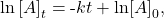 \text{ln}\left[A{\right]}_{t}=\text{-}kt+\text{ln}{\left[A\right]}_{0},