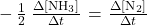 -\phantom{\rule{0.2em}{0ex}}\frac{1}{2}\phantom{\rule{0.2em}{0ex}}\frac{\Delta\left[{\text{NH}}_{3}\right]}{\Delta t}\phantom{\rule{0.1em}{0ex}}=\phantom{\rule{0.1em}{0ex}}\frac{\Delta\left[{\text{N}}_{\text{2}}\right]}{\Delta t}