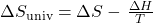 \Delta {S}_{\text{univ}}=\Delta S-\phantom{\rule{0.1em}{0ex}}\frac{\Delta H}{T}