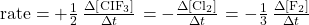 \text{rate}=+\frac{1}{2}\phantom{\rule{0.2em}{0ex}}\frac{\Delta\left[{\text{CIF}}_{3}\right]}{\Delta t}\phantom{\rule{0.1em}{0ex}}=-\frac{\Delta\left[{\text{Cl}}_{2}\right]}{\Delta t}\phantom{\rule{0.1em}{0ex}}=-\frac{1}{3}\phantom{\rule{0.2em}{0ex}}\frac{\Delta\left[{\text{F}}_{2}\right]}{\Delta t}