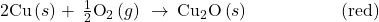 \text{2Cu}\left(s\right)+\phantom{\rule{0.2em}{0ex}}\frac{1}{2}{\text{O}}_{2}\left(g\right)\phantom{\rule{0.2em}{0ex}}\rightarrow\phantom{\rule{0.2em}{0ex}}{\text{Cu}}_{2}\text{O}\left(s\right)\phantom{\rule{5em}{0ex}}\left(\text{red}\right)