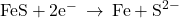 \text{FeS}+2{\text{e}}^{-}\phantom{\rule{0.2em}{0ex}}\rightarrow\phantom{\rule{0.2em}{0ex}}\text{Fe}+{\text{S}}^{2-}