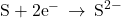 \text{S}+{\text{2e}}^{-}\phantom{\rule{0.2em}{0ex}}\rightarrow\phantom{\rule{0.2em}{0ex}}{\text{S}}^{2-}