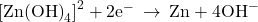 {\left[\text{Zn}{\left(\text{OH}\right)}_{4}\right]}^{2}+{\text{2e}}^{-}\phantom{\rule{0.2em}{0ex}}\rightarrow\phantom{\rule{0.2em}{0ex}}\text{Zn}+{\text{4OH}}^{-}