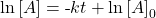 \text{ln}\left[A\right]=\text{-}kt+\text{ln}\left[A{\right]}_{0}