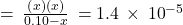 =\phantom{\rule{0.2em}{0ex}}\frac{\left(x\right)\left(x\right)}{0.10-x}\phantom{\rule{0.2em}{0ex}}=1.4\phantom{\rule{0.2em}{0ex}}\times\phantom{\rule{0.2em}{0ex}}{10}^{-5}