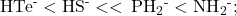 {\text{HTe}}^{\text{-}}<{\text{HS}}^{\text{-}}<<\phantom{\rule{0.2em}{0ex}}{\text{PH}}_{2}{}^{\text{-}}<{\text{NH}}_{2}{}^{\text{-}};