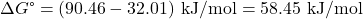 \Delta  G\text{°}=\left(90.46-32.01\right)\phantom{\rule{0.2em}{0ex}}\text{kJ/mol}=\text{58.45 kJ/mol}