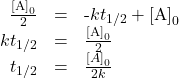 \begin{array}{ccc}\hfill \frac{{\left[\text{A}\right]}_{0}}{2}& =& \text{-}k{t}_{1\text{/}2}+{\left[\text{A}\right]}_{0}\hfill \\ \hfill k{t}_{1\text{/}2}& =& \frac{{\left[\text{A}\right]}_{0}}{2}\hfill \\ \hfill {t}_{1\text{/}2}& =\hfill & \frac{{\left[A\right]}_{0}}{2k}\hfill \end{array}