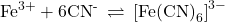{\text{Fe}}^{\text{3+}}+6{\text{CN}}^{\text{-}}\phantom{\rule{0.2em}{0ex}}\rightleftharpoons\phantom{\rule{0.2em}{0ex}}{\left[\text{Fe}{\left(\text{CN}\right)}_{6}\right]}^{3-}