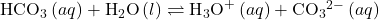 {\text{HCO}}_{3}{}^{\text{−}}\left(aq\right)+{\text{H}}_{2}\text{O}\left(l\right)\rightleftharpoons{\text{H}}_{3}{\text{O}}^{\text{+}}\left(aq\right)+{\text{CO}}_{3}{}^{2-}\left(aq\right)