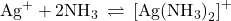 {\text{Ag}}^{\text{+}}+2{\text{NH}}_{\text{3}}\phantom{\rule{0.2em}{0ex}}\rightleftharpoons\phantom{\rule{0.2em}{0ex}}{\left[\text{Ag}{\left({\text{NH}}_{3}\right)}_{2}\right]}^{+}
