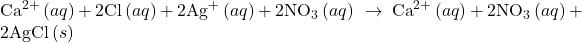 {\text{Ca}}^{2+}\left(aq\right)+2{\text{Cl}}^{\text{−}}\left(aq\right)+2{\text{Ag}}^{\text{+}}\left(aq\right)+2{\text{NO}}_{3}{}^{\text{−}}\left(aq\right)\phantom{\rule{0.2em}{0ex}}\rightarrow\phantom{\rule{0.2em}{0ex}}{\text{Ca}}^{2+}\left(aq\right)+2{\text{NO}}_{3}{}^{\text{−}}\left(aq\right)+2\text{Ag​Cl}\left(s\right)