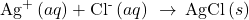 {\text{Ag}}^{\text{+}}\left(aq\right)+{\text{Cl}}^{\text{-}}\left(aq\right)\phantom{\rule{0.2em}{0ex}}\rightarrow\phantom{\rule{0.2em}{0ex}}\text{AgCl}\left(s\right)