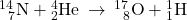 {}_{\phantom{\rule{0.5em}{0ex}}7}^{14}\text{N}+{}_{2}^{4}\text{He}\phantom{\rule{0.2em}{0ex}}\rightarrow\phantom{\rule{0.2em}{0ex}}{}_{\phantom{\rule{0.5em}{0ex}}8}^{17}\text{O}+{}_{1}^{1}\text{H}