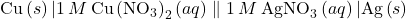 \text{Cu}\left(s\right)|1\phantom{\rule{0.2em}{0ex}}M\phantom{\rule{0.2em}{0ex}}{\text{Cu}\left(\text{NO}}_{3}{\right)}_{2}\left(aq\right)\parallel 1\phantom{\rule{0.2em}{0ex}}M\phantom{\rule{0.2em}{0ex}}{\text{AgNO}}_{3}\left(aq\right)|\text{Ag}\left(s\right)