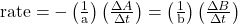 \text{rate}=-\left(\frac{1}{\text{a}}\right)\left(\frac{\Delta A}{\Delta t}\right)=\left(\frac{1}{\text{b}}\right)\left(\frac{\Delta B}{\Delta t}\right)